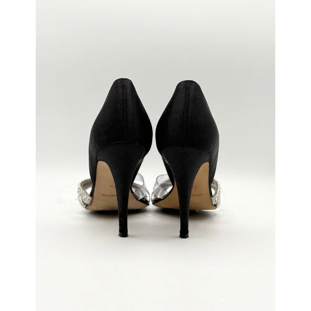 Manolo Blahnik Black Satin & Rhinestone Cross Strap Heels Size EU 38.5